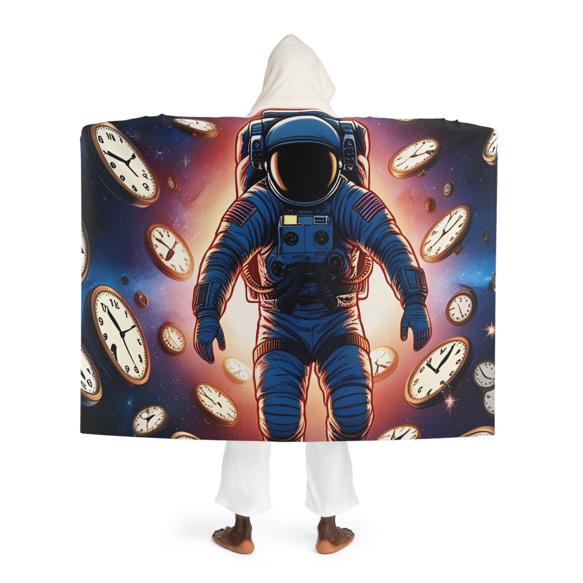 Cosmic Clock Hooded Sherpa Blanket | Cozy Fleece Wrap, Artistic Throw, Gift for Stargazers, Unique Home Decor, Relaxation Comfort
