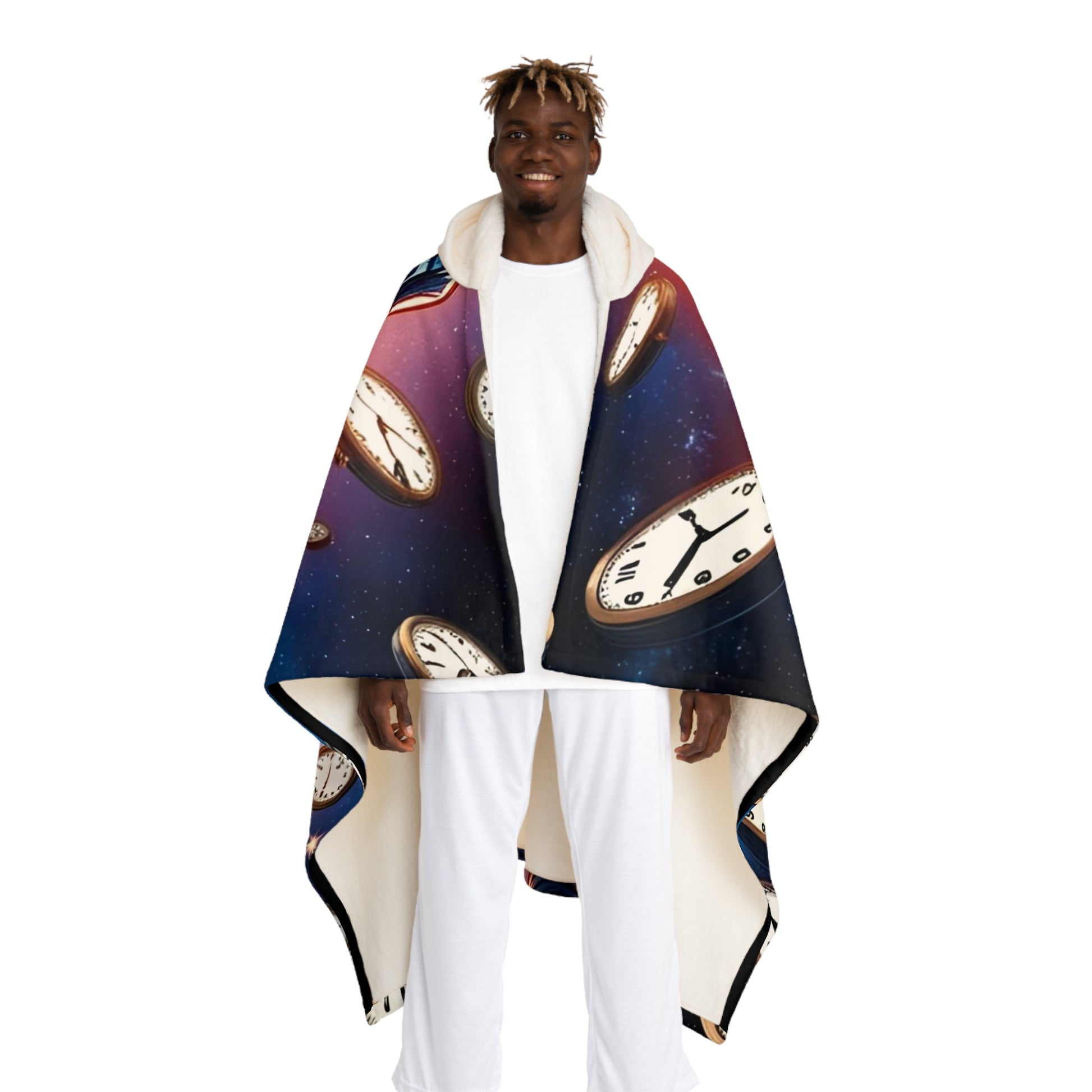 Cosmic Clock Hooded Sherpa Blanket | Cozy Fleece Wrap, Artistic Throw, Gift for Stargazers, Unique Home Decor, Relaxation Comfort