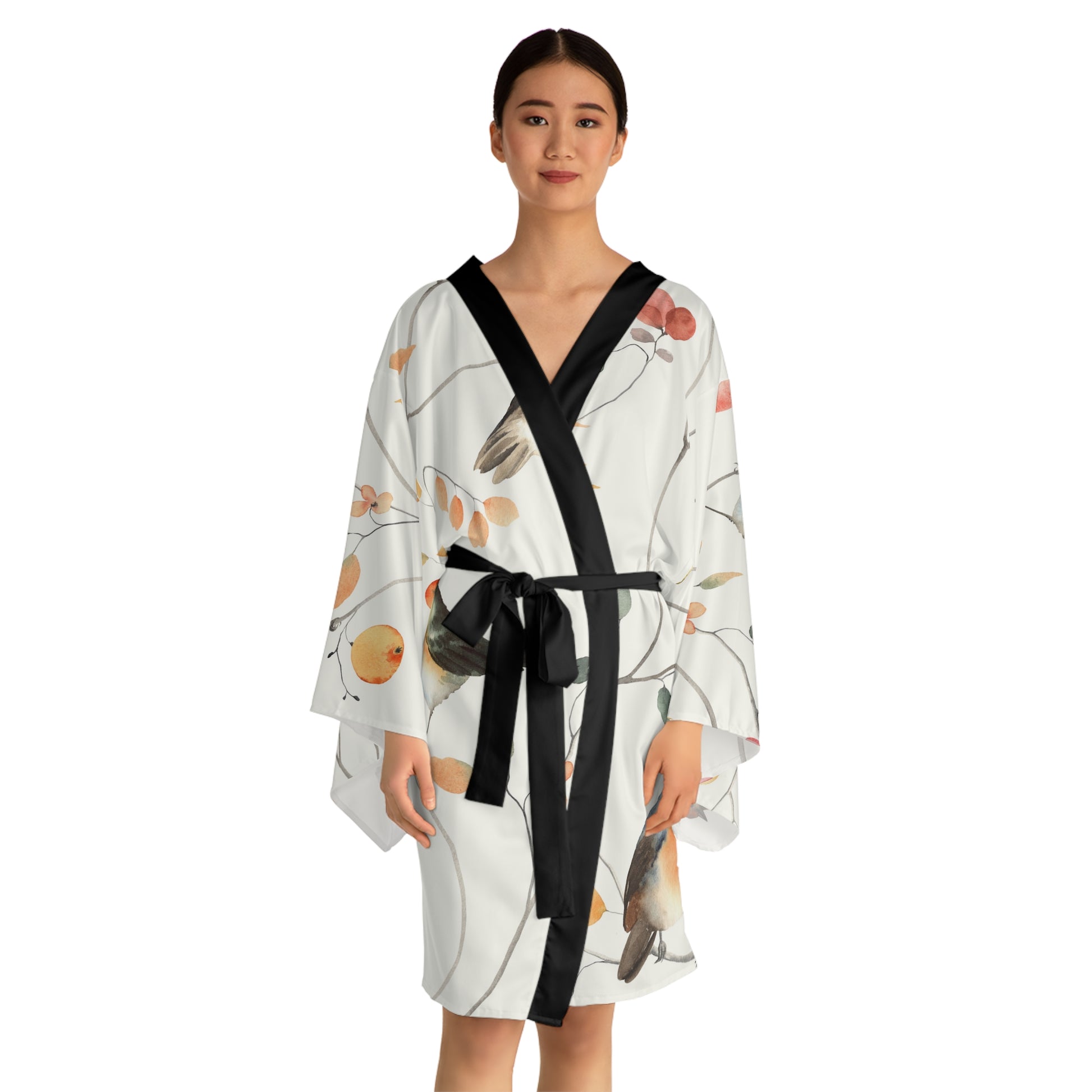 Elegant Bird Print Long Sleeve Kimono Robe for Relaxation and Lounging