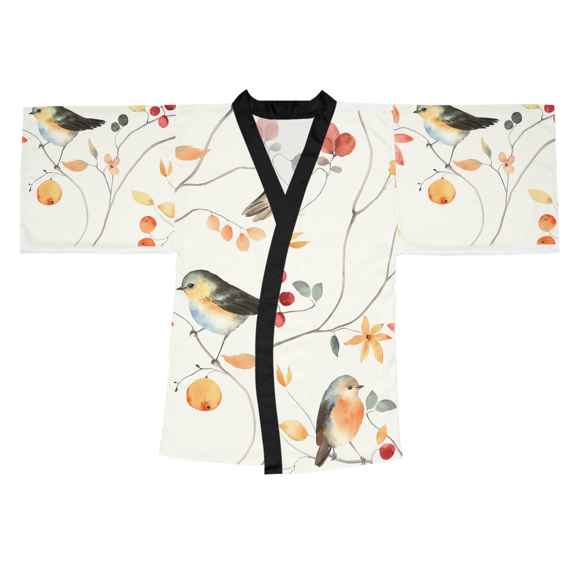 Elegant Bird Print Long Sleeve Kimono Robe for Relaxation and Lounging