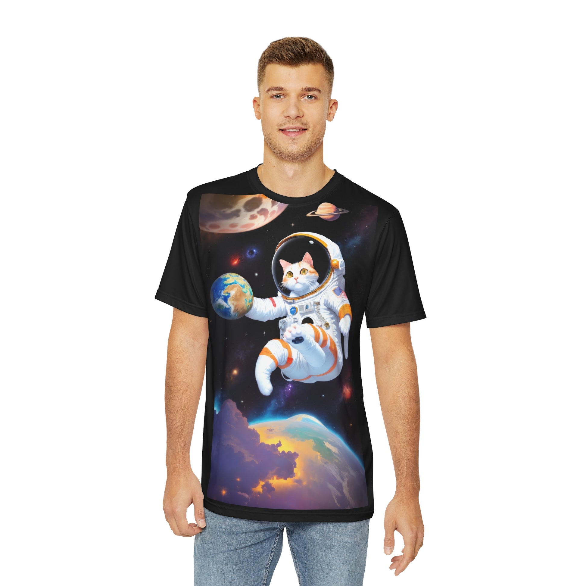Cosmic Cat Men's Polyester Tee - Playful Space-Themed Apparel