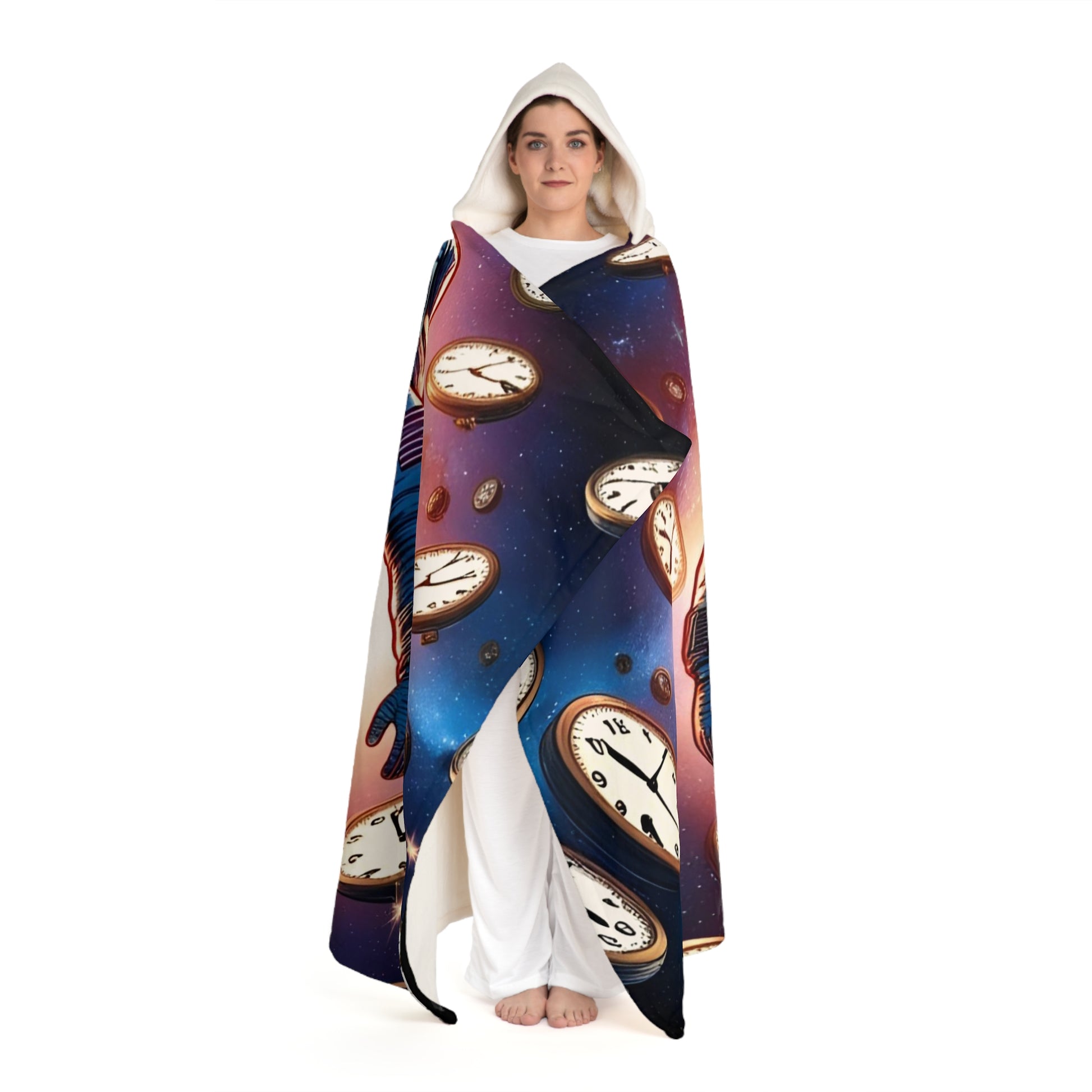 Cosmic Clock Hooded Sherpa Blanket | Cozy Fleece Wrap, Artistic Throw, Gift for Stargazers, Unique Home Decor, Relaxation Comfort