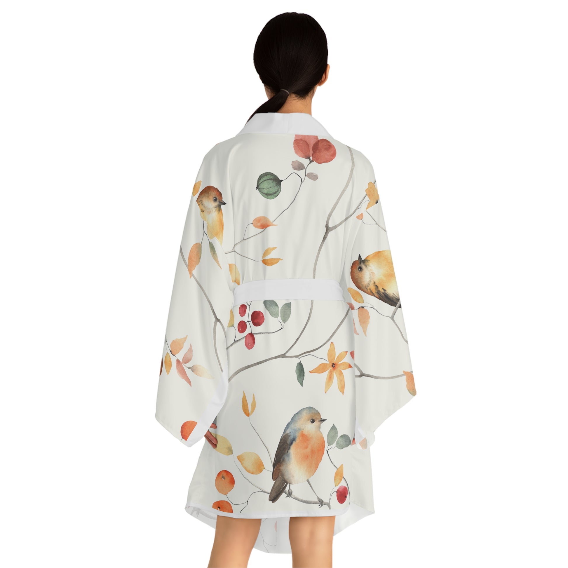 Elegant Bird Print Long Sleeve Kimono Robe for Relaxation and Lounging