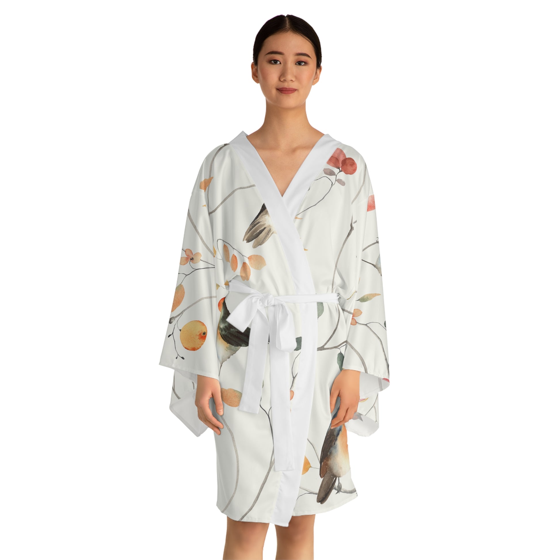Elegant Bird Print Long Sleeve Kimono Robe for Relaxation and Lounging