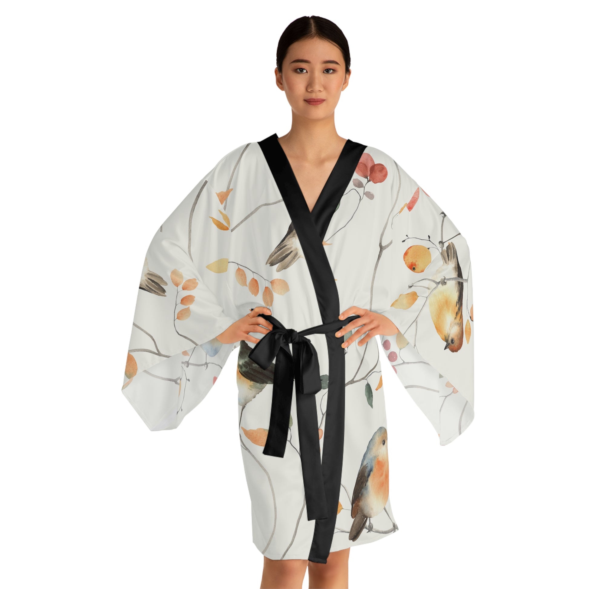 Elegant Bird Print Long Sleeve Kimono Robe for Relaxation and Lounging